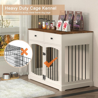 BREEZEHEAT 40 inch Dog Crate Furniture-Farmhouse Dog Kennel with Drawers-End Table Wooden Pet Crate, Double Door Design, Decorative Dog House Indoor for Small Medium Large Dog, White