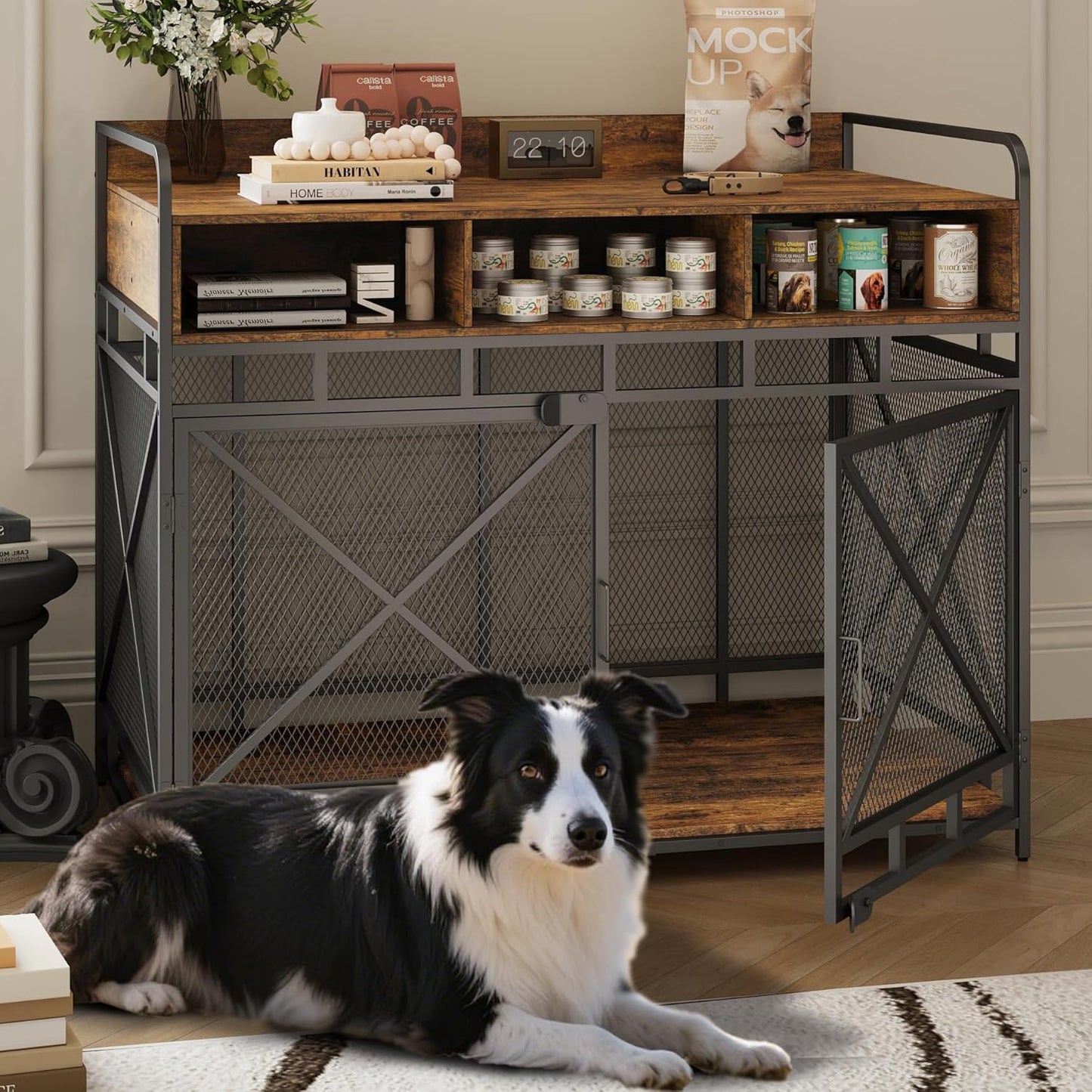Dog Crate Furniture, 48" Heavy Duty Wooden Dog Crate End Table, XL Dog Kennel Furniture Large Breed, Decorative Dog Kennel Indoor with 3 Drawers & Steel Tubes 48" L x28 W x38 H (Rustic Brown)