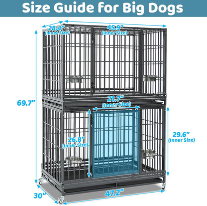 48 Inch Heavy Duty Large Dog Crate, Stackable Indestructible Big Cage for High Anxiety Dogs, Foldable Escape Proof XL Dog Kennel Indoor with Adjustable Bowls, Wheels and Double Trays(2 Pack)