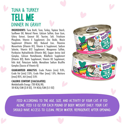 Weruva B.F.F. OMG - Best Feline Friend Oh My Gravy!, Tuna & Turkey Tell Me with Tuna & Turkey, 2.8oz Can (Pack of 12)