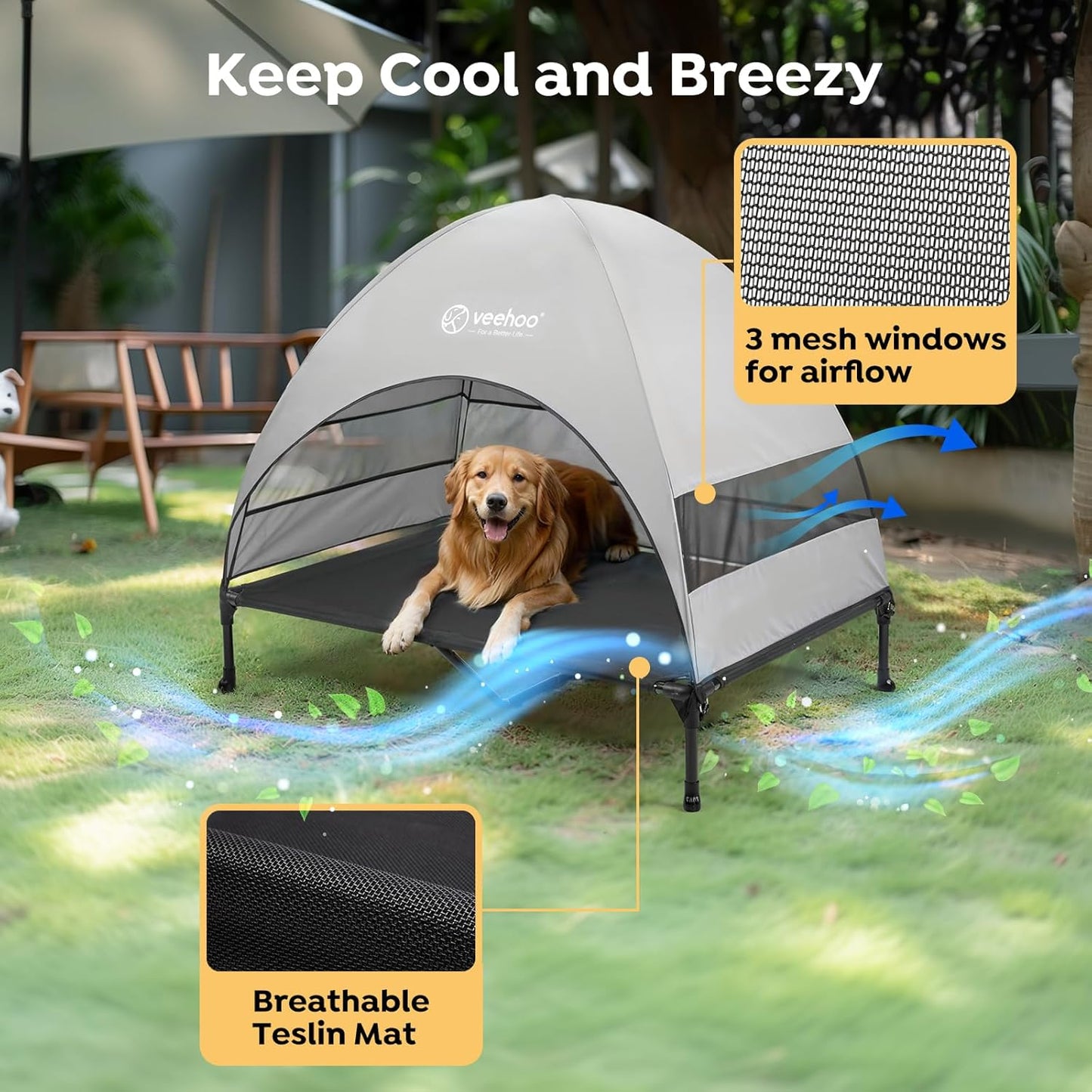 Veehoo Outdoor Dog Bed with Canopy, Cooling Elevated Pet Cot with Removable Shade, Non-Slip Feet, Raised Dog Cot for Large Dogs, Pet Tent Bed for Camping, Beach, XLarge, Black + Grey, CWC2411 - Pawvie