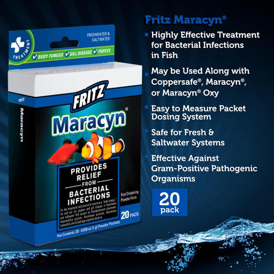 Fritz Maracyn - for Saltwater and Freshwater gram-Positive Relief from Bacterial gil, Popeye, More - Easy dose Packets, 20 Count