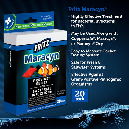 Fritz Maracyn - for Saltwater and Freshwater gram-Positive Relief from Bacterial gil, Popeye, More - Easy dose Packets, 20 Count