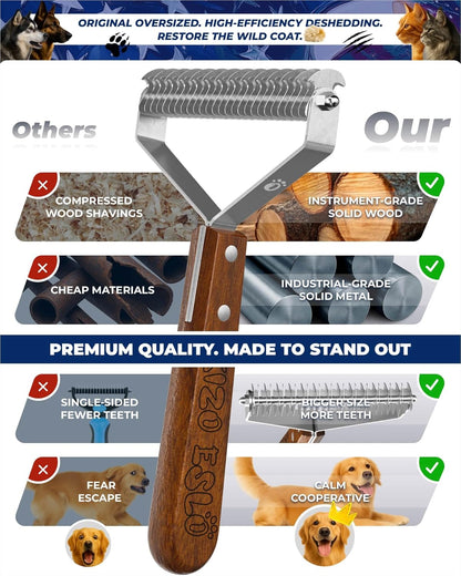 Extra Large 2-Sided Undercoat Rake for Dogs & Cats, Dog Brush for Shedding Remove Mats, Dematting Comb, Safe&Gentle Grooming Brush for German Shepherds Medium to Long-Haired Pets,Premium Wooden Handle