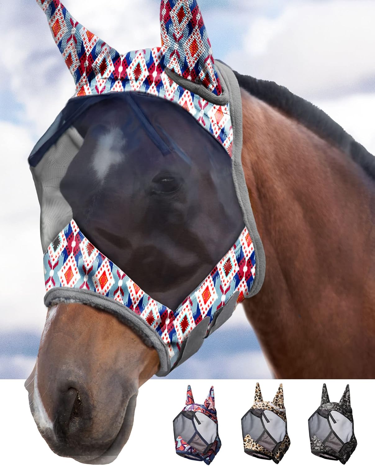 Harrison Howard LumiVista Horse Fly Mask Standard with Ears UV Protection for Horse Tribal Rhombus XL Extra Full