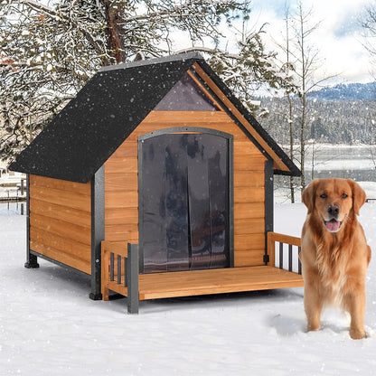 Outdoor Dog House with All-Around Insulated Liner Weatherproof Puppy Shelter Indoor Dog Kennel, Anti-Bite Dog Home for Large Breed with Porch (Brown, 50.8" D x 37.4" W x 37.2" H)