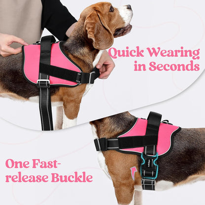 rabbitgoo Dog Harness Medium Sized, Easy On Pet Vest with One Buckle, No Pull Adjustable Service Harness with D-Ring & Handle, Reflective for Safety Walking, Training, Pink, M