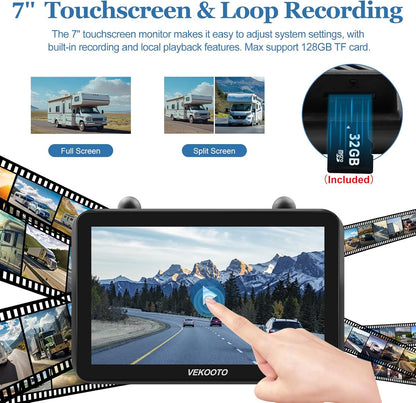 2 Magnetic Solar Wireless Backup Camera with 7'' IPS Touchscreen, 15,000mAh Rechargeable, Auto Sleep, No Wiring, 1080P Night Vision Wireless Backup Camera for Trucks, RV, Trailer, Camper VEKOOTO VK7-2