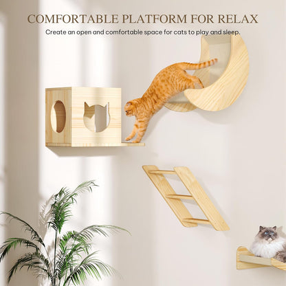 Cat Wall Shelves and Perches, Solid Wood Wall Mounted Cat Furniture, Set of 13 Cat Climbing Shelves with Moon Hammock, House, Wall Ladder, Scratching Post and Cat Tunnel