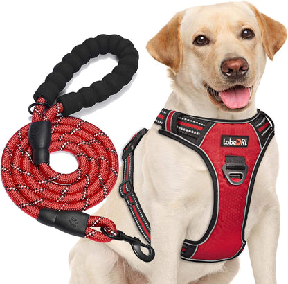 No Pull Dog Harness Adjustable Reflective Oxford Easy Control Medium Large Dog Harness with A Free Heavy Duty 5ft Dog Leash (S (Neck: 14"-17", Chest: 18"-21"), Red Harness+Leash)