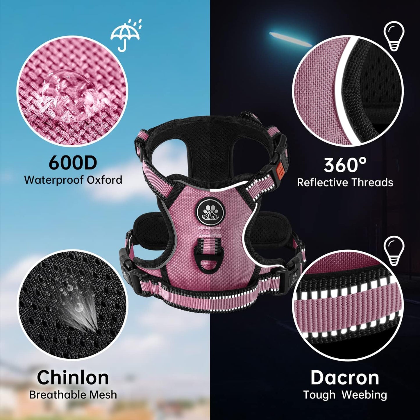 NESTROAD No Pull Dog Harness,Adjustable Oxford Dog Vest Harness with Leash,Reflective No-Choke Pet Harness with Easy Control Soft Handle for Small Dogs(X-Small,Pink)