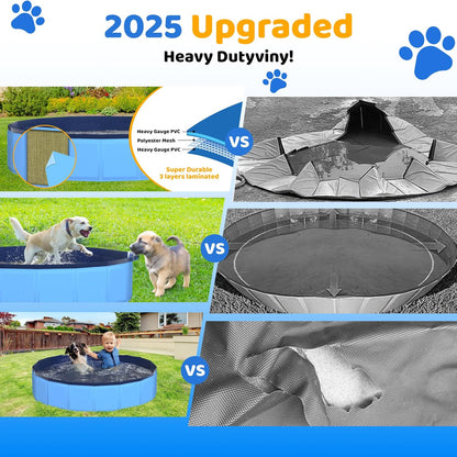 48" x 12" Foldable Dog Pool - Collapsible Hard Plastic Kiddie Pool for Dogs & Kids, Non-Slip Pet Bath Tub for Outdoor Backyard Use, Lightweight & Portable (Blue)