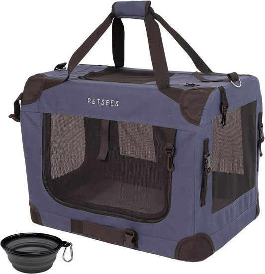 Extra Large Cat Carrier Soft Sided, Portable Small Dog Carrier for 2 Cats, 24"x16.5"x16" Car Travel Folding Comfortable Design with Bowl, Blue