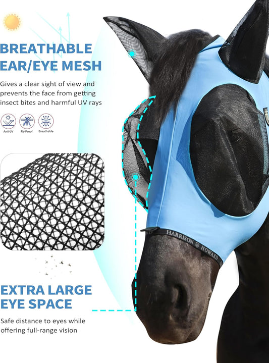 Harrison Howard Horse Fly Mask with Forelock Opening Stretch Breathable and Comfortable for Horses UV -Protection Ice Blue M