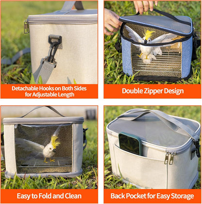 Bird Travel Carrierm, Small Bird Travel Backpack Carrier Cage with Tray and Breathable Clear Window, for Parakeet Cockatiel Budgies, for Camping Hiking (Gray)