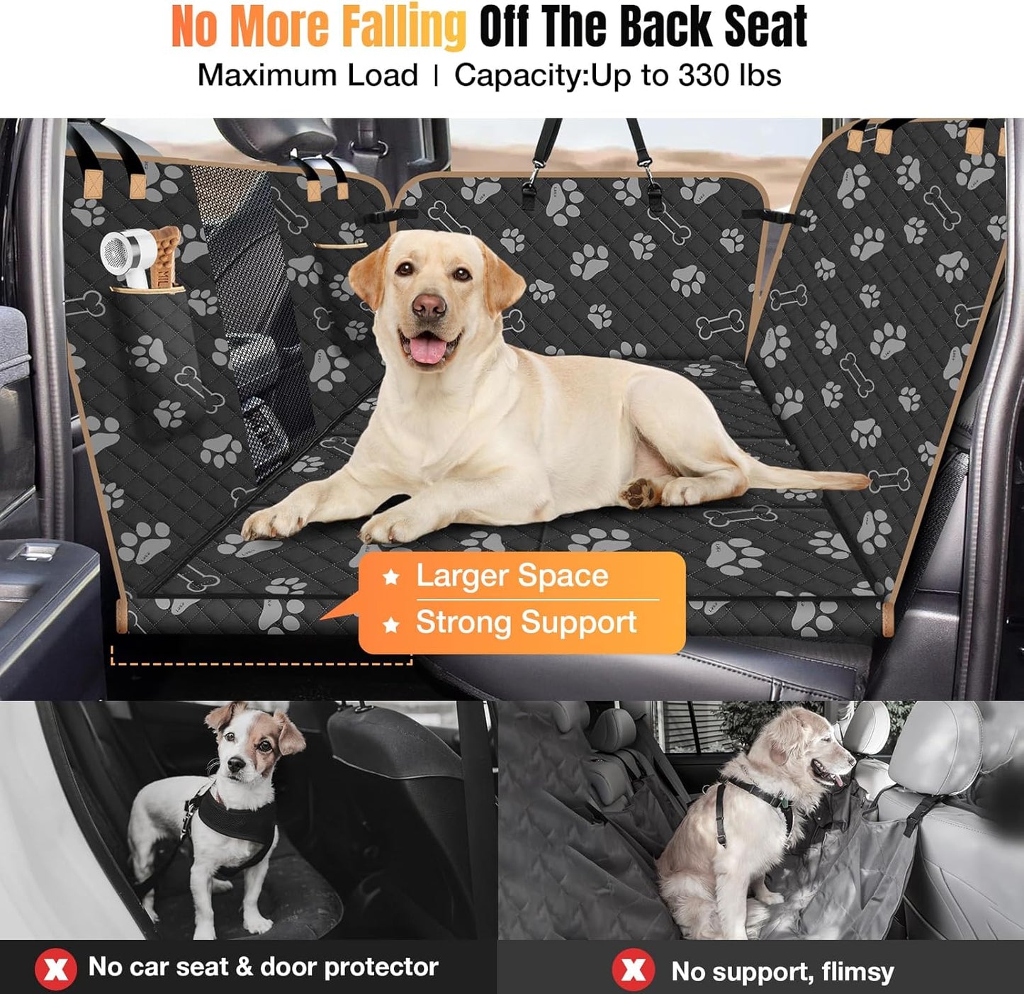 Dog Car Seat Cover for Back Seat, Larger Dog Car Bed Cover with Strong Bottom, Car Back Seat Extender Hammock for Full Size Truck/SUV Black 8 Panels Black Foot Print - Pawvie