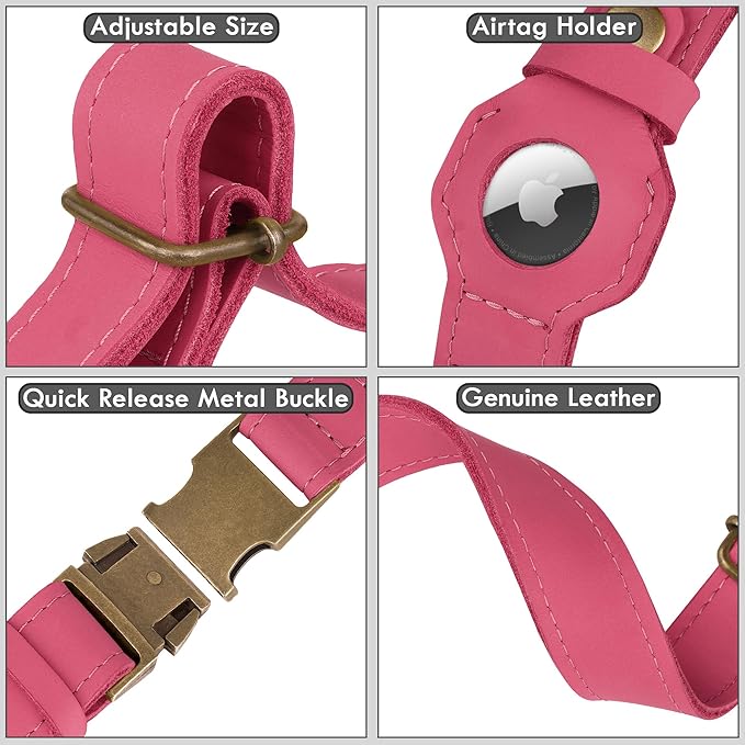 AirTag Dog Collar - Genuine Leather Dog Collar with Apple AirTag Holder and Metal Buckle - Smart GPS Tracking Pet Collars (Pink, XL, 20"-25" Neck Fit)
