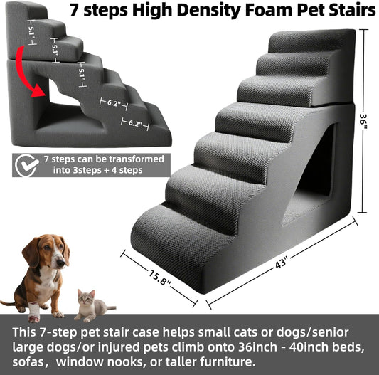 7 Step Pet Stairs Ramp for High Beds Sofas 22-42 Inch, Non-Slip Dog Stairs for Small Old Medium Large XL Dogs Cats, Sturdy 75 Pounds 33D Foam Balanced 6-Tier Ladder with Machine Washable Cover