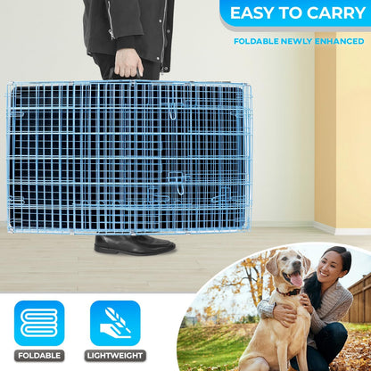 FDW Dog Crate for Large Dogs 42 Inch Folding Metal WirePet Cage Double Door W/Divider Panel Indoor Outdoor Kennel Leak-Proof Plastic Tray,Blue