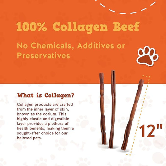 Jack&Pup 12" Beef Collagen Sticks for Dogs | Rawhide Free Dog Chews Long Lasting | Single Ingredient Healthy Dog Treats for Medium Dogs | Bully Stick Alternative (5 Pack)