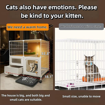 cat cage Indoor with Litter Box, Complimentary Bed, Bowl,Cleaning Three piece Set,cat Enclosure, Kennel,Pet Cage, Cat House with Wheels(28″(L) x18.1″(W) x32.3″(H)