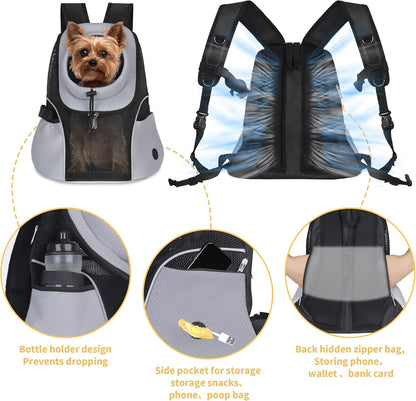 WOYYHO Pet Dog Carrier Backpack Small Dog Front Backpack Ventilated Mesh Dog Travel Back Pack with Safety Belt for Travel Hiking Cycling Outdoor Adventures (Size M: 5-9 lbs, Grey)