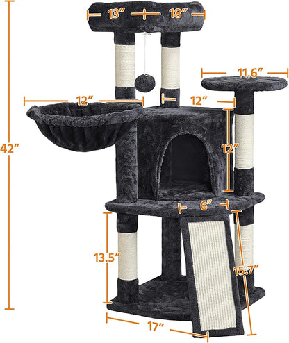 Topeakmart 42in Cat Tree Tower for Indoor Cats, Cat Condo with Perch & Hammock, Activity Center, Multi-Level Cat Furniture with Scratching Posts, Cat House, Black