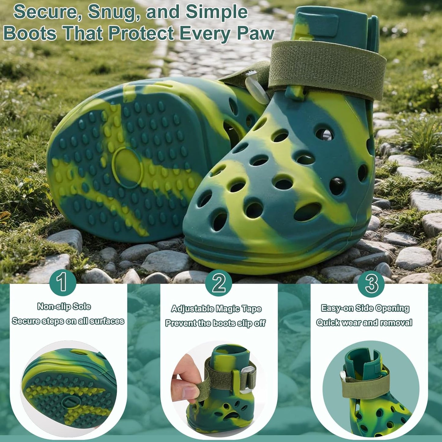 Dog Shoes for Hot Pavement and Snow, Silicone Dog Booties for Small Medium Large Dogs, Waterproof Paw Protectors- Non-Slip, Adjustable Straps, Dog Boots for Beach/Rain/Hiking (Green, L)