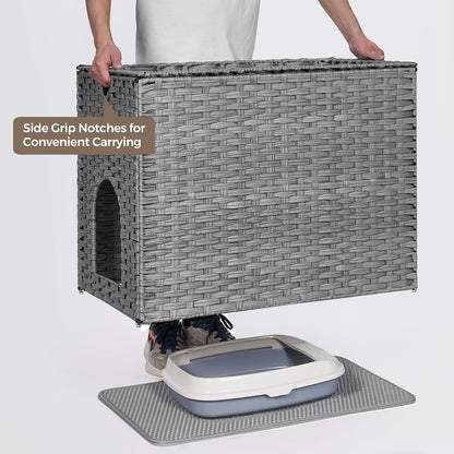Cat Litter Box Enclosure with Litter Trapping Mat; Handwoven Plastic Rattan Cat House; No Installation Hidden Cat Washroom; Pet Crate for Balcony,Bedroom,Living Room