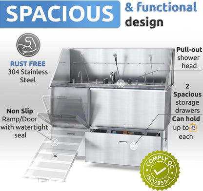 KANIS Professional Dog Washing Station - 304 Stainless Steel Pet Wash Sink & Grooming Bath Tub for Home with Ramp, Shower, Floor Grate, Storage Drawers, and Faucet for Large, Medium & Small Pets