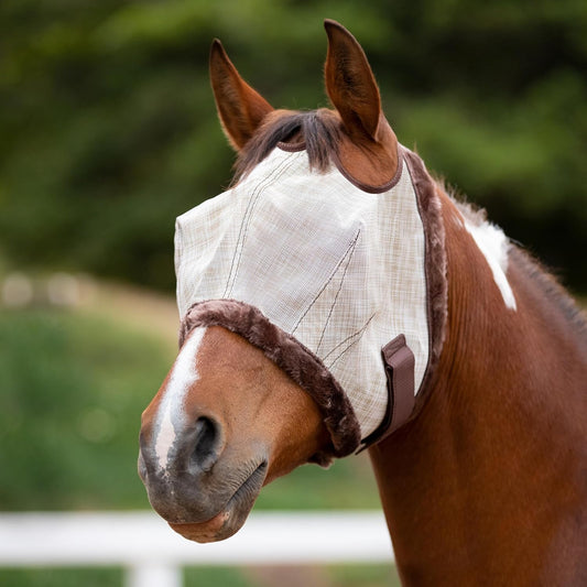 Kensington UV Fly Mask with Fleece Trim - Protective Mask with Dual Ear Opening & Forelock Freedom - Medium, Desert Sand