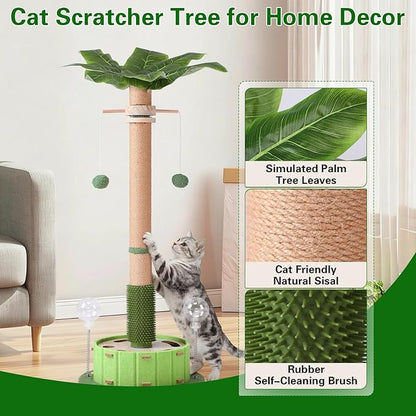 40" Tall Cat Scratching Post, Scratching Posts for Indoor Cats Adults and Kittens with Rotating Hanging Ball, Interactive Cat Puzzle Toy and Spring Cat Treat Dispenser, Palm Tree Scratch Post for Cats