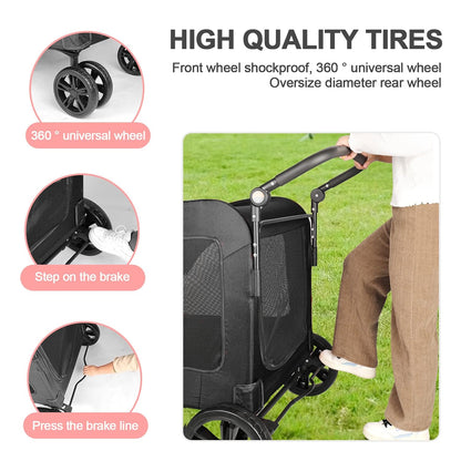 Large Dog Travel Stroller with 4 Heavy Duty Wheels Pet Stroller with Adjustable Handle - Double Doggie Capacity Jogger Wagon with Back Front Door for Small Medium Large Dogs (Black 1) - Pawvie