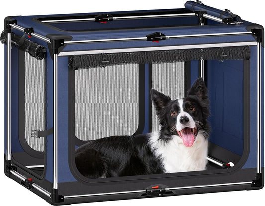 Collapsible Dog Crate: 38 Inch Foldable Soft Sided Dog Crate for Large Dogs, Portable Dog Travel Kennel with Soft Mat for Indoors & Outdoors, Blue (38" L x 27" W x 27" H)