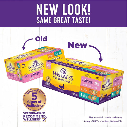 Wellness Complete Health Pate Kitten Wet Cat Food, Natural, Protein-Rich, Grain Free, 3 Ounce, 12 Pack, (Whitefish & Chicken Variety Pack)