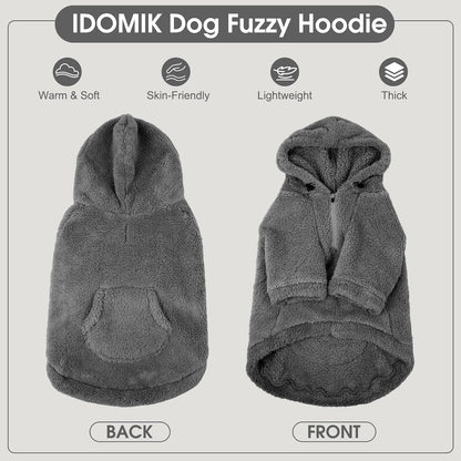 IDOMIK Fuzzy Dog Sweater with Adjustable Hood, Warm Fleece Dog Sweater Hoodie with Harness Hole & Pocket, Pullover Sweaters for Small Dogs, Fuzzy Hooded Sweatshirt for Fall Winter Christmas,Grey,S