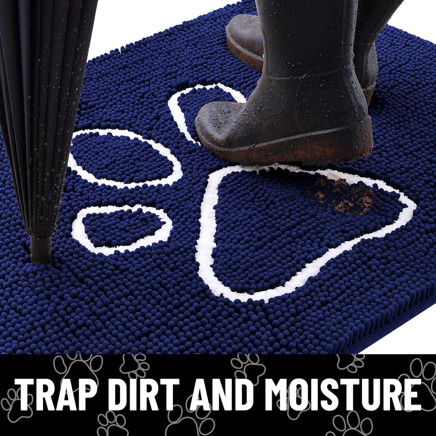 Smiry Dog Door Mat for Muddy Paws, Absorbent Dirt Trapper Non Slip Quick Dry Washable Chenille Mat for Mud Dogs, Entry Rug for Indoor and Outdoor (24x16 Inches, Navy Blue)