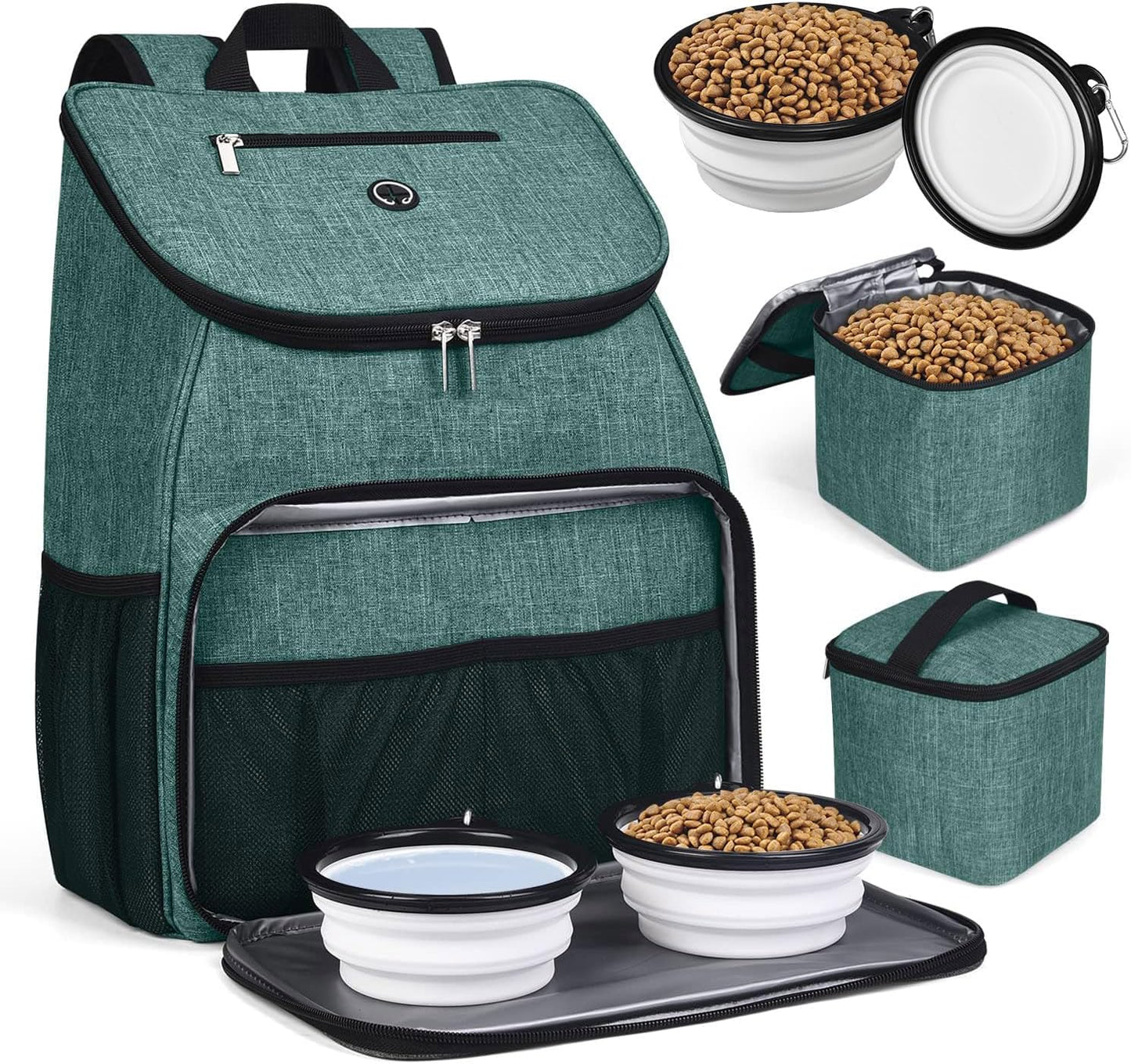 BAGLHER丨Dog Travel Bag, Airline Approved Pet Supplies Backpack, Dog Travel Backpack Accessories Set with 2 Silicone Collapsible Bowls and 2 Food Baskets. Green - Pawvie