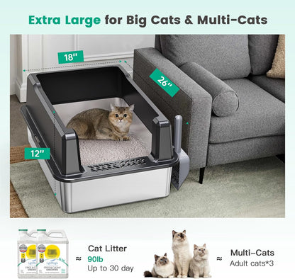Tripamin XXL Stainless Steel Litter Box with High Sides 26"x18"x12" Extra Large Metal Litter Box for Big Cats & Multiple cat, Jumbo Top Entry Litter Pan with lid (Black, XX-Large)