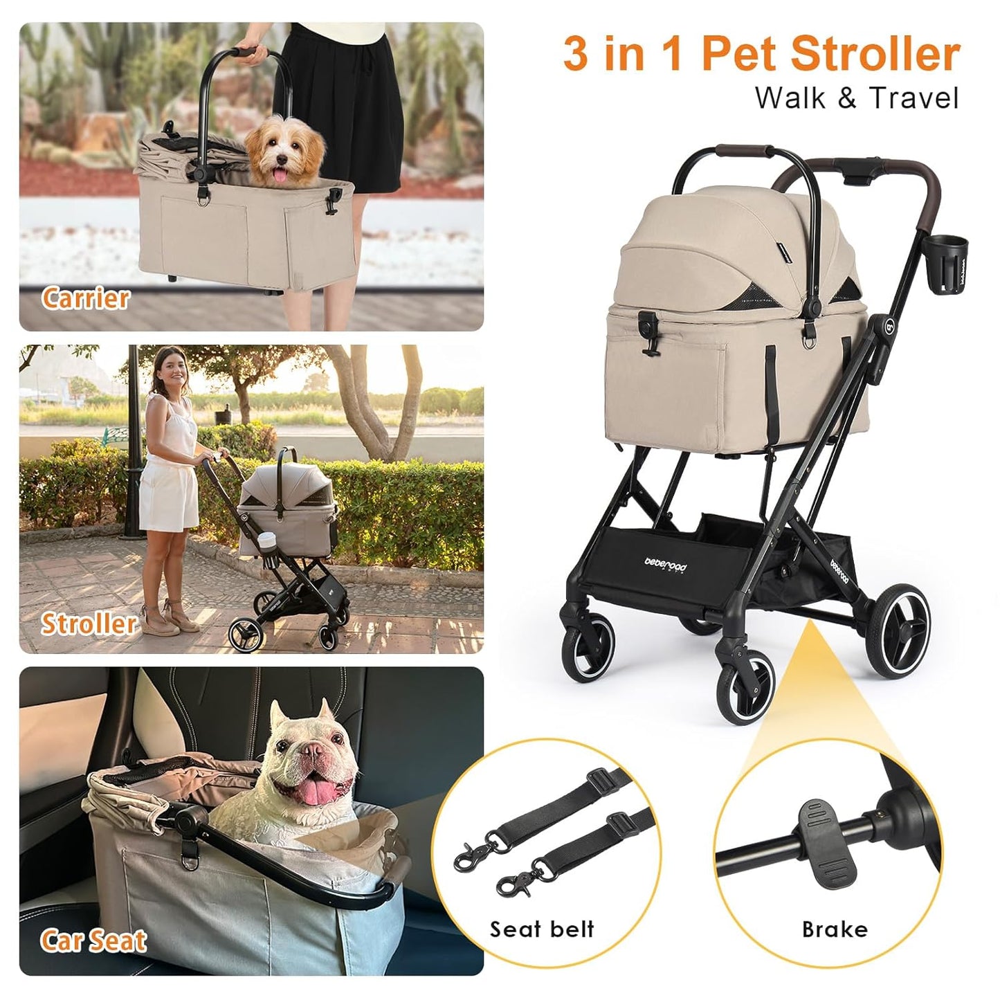 X2 Pet Stroller, Dog Cat Stroller for Small Pets Under 44lbs, Equipped with Detachable & Foldable Carrier, Waterproof Pad & Sunshade Canopy,Camel (Camel) - Pawvie