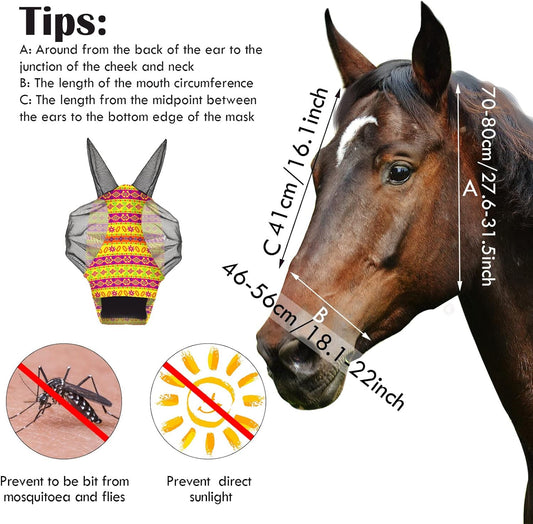 Qualirey12 Pieces Horse Fly Mask Bulk Comfortable Elasticity Mask for Horses with Ears Net UV Protection Breathable Horse Supplies Face Covering for Horse Pony and Foal (Geometric Patterns, Medium)