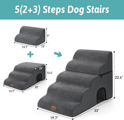 Extra Wide Dog Stairs with Tunnel, Detachable Large Pet Step for Small Medium Dog, Puppy or Cat, Ramp for High Bed, Couch, Sofa or Car, Stable, 19.7x33x22.4 inch, 5 Step, Dark Grey