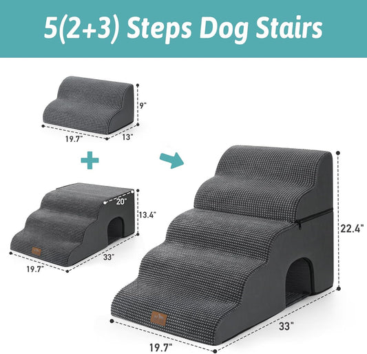 Extra Wide Dog Stairs with Tunnel, Detachable Large Pet Step for Small Medium Dog, Puppy or Cat, Ramp for High Bed, Couch, Sofa or Car, Stable, 19.7x33x22.4 inch, 5 Step, Dark Grey