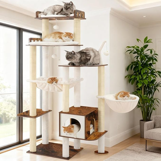 Heybly Cat Tree, 70.5 Inch Wood Tall Cat Tower for Large Indoor Cats with Extra Stable Structure, Modern Cat Furniture with All-Sisal Scratching Posts, Cat Condo & Hammocks, Rustic Brown HCT121SR