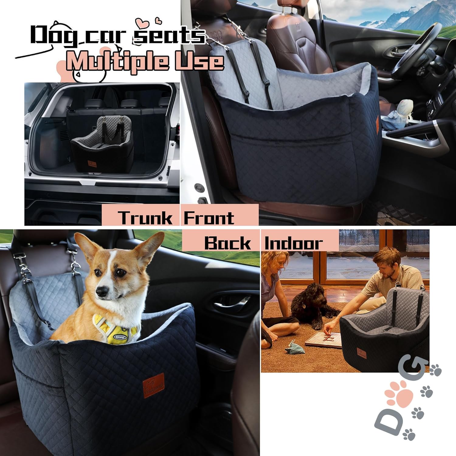 Dog Car Seats-Memory Sponge and Velvet Pet Booster Car Seat,Safety and Comfy,Ride Height 6" Elevated Enough to See Out The Window,Both Front and Back Seats Apply,Esay to Install and Clean.(H-Black) - Pawvie