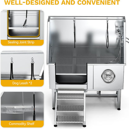 DWVO Professional Pet Dog Bathing Station for Grooming, 50'' Dog Grooming Bathtub with Left Stairs, Floor Grate, Faucet, Showerhead & Soap Holder for Large, Medium & Small Pets