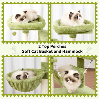 Cat Tree for Indoor Cats, 71'' (180cm) Multi-Level Cat Tower for Large Adult, Sturdy Cat Tree House with 2 Scratching Boards 7 Posts, 2 Plush Perches/Condos, Hammock, Green GCT032GR