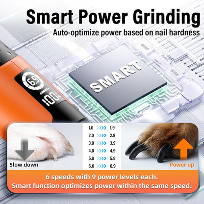 Casfuy Smart 6-Speed Dog Nail Grinder - 50% More Power Pet Nail Grinder with 2 LED Lights Quiet Rechargeable Electric Dog Nail Trimmers File Toenail Grinder for Large Medium Small Dogs & Cats(Orange)