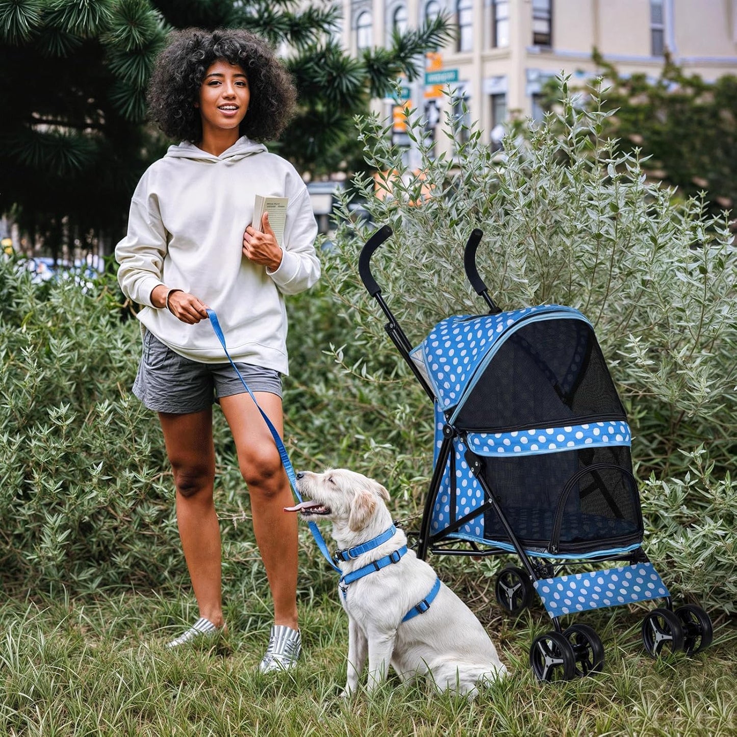 MoNiBloom 4 Wheels Pet Stroller, Easy-Fold Umbrella Shaped Dog Cat Jogger Stroller w/Storage Bag & Visible Mesh for Small/Medium Dogs Cats Sky Blue Polka Dots - Pawvie