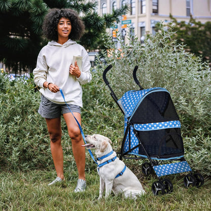 MoNiBloom 4 Wheels Pet Stroller, Easy-Fold Umbrella Shaped Dog Cat Jogger Stroller w/Storage Bag & Visible Mesh for Small/Medium Dogs Cats Sky Blue Polka Dots - Pawvie